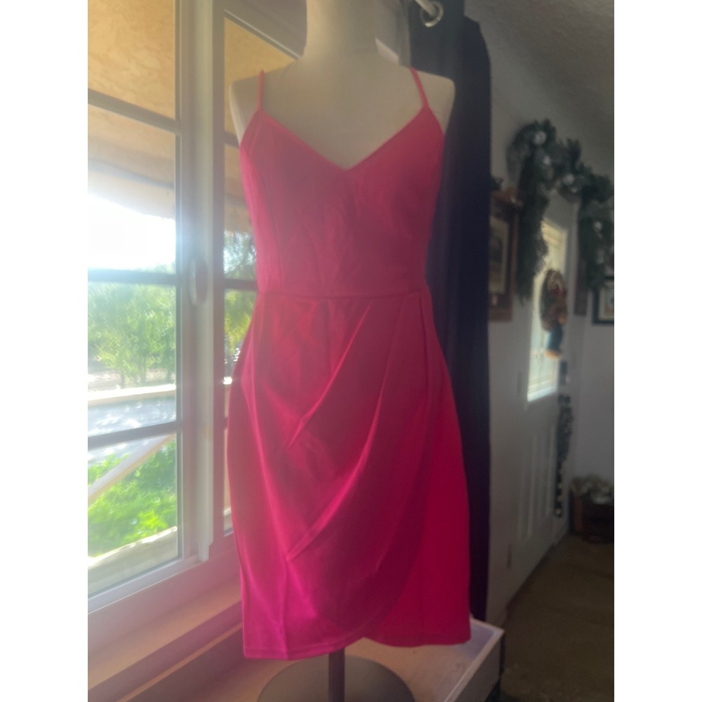 S M X Women's Hot Pink V Neck Ruched Bodycon‎ Midi Dress Size L